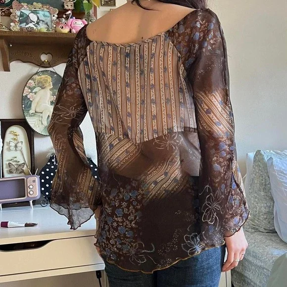 Impressions Sheer Brown and Blue Floral Flowy Top Size medium - Picture 3 of 4